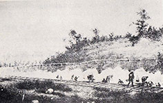 2年後の明治12年に発行されたモースの『Shell Mounds of Omori』（『大森貝塚』）の口絵。線路脇で貝塚の発掘をする人たち