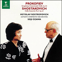 プロコフィエフは「交響的協奏曲」を、ショスタコーヴィチは「チェロ協奏曲第１番」をチェロ奏者・ロストロポーヴィチに提供した（捧げた）。ロストロポーヴィチ60歳時の録音。オーケストラは小澤征爾が指揮するロンドン交響楽団